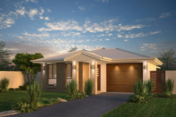 Modern single-story home with a brown wooden two-car garage door, stone/beige walls, and a manicured front yard at dusk.