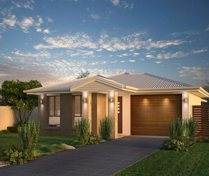 Modern single-story home with a brown wooden two-car garage door, stone/beige walls, and a manicured front yard at dusk.