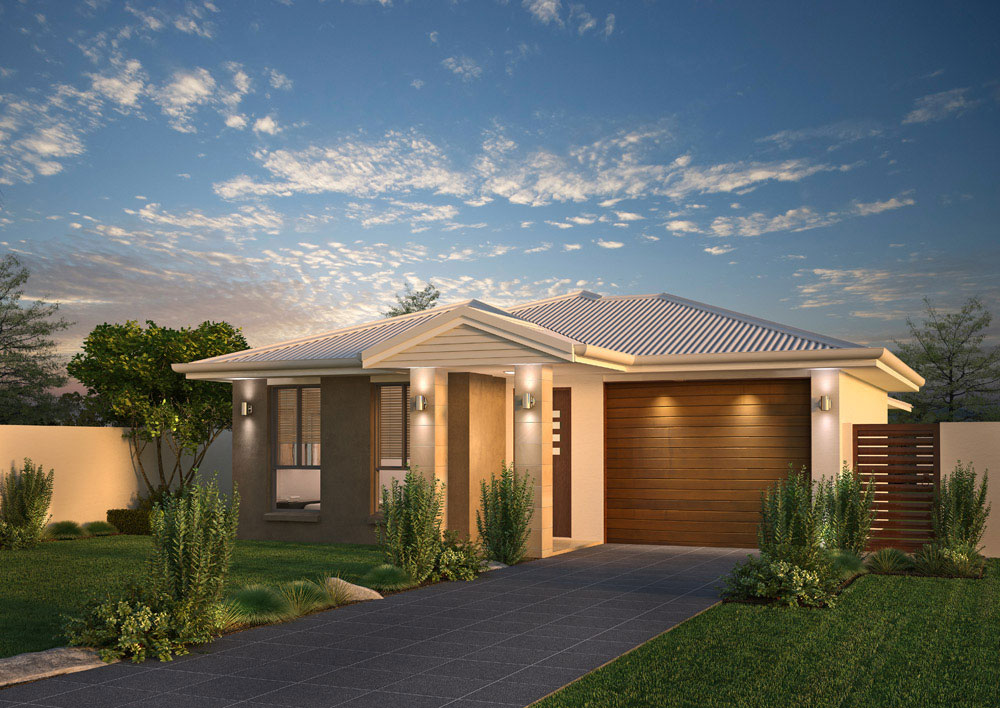 Modern single-story home with a brown wooden two-car garage door, stone/beige walls, and a manicured front yard at dusk.